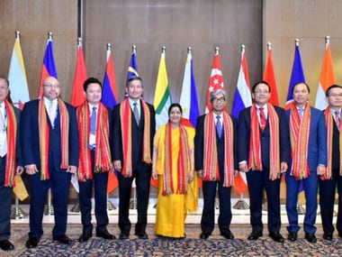   Sushma Swaraj Minister of External Affairs with ASEAN Leaders in New Delhi. Twitter / @ MEAIndia 