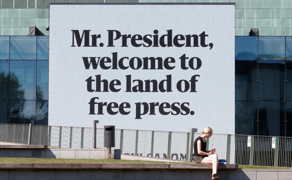 A wall in Helsinki Music Centre carried a slogan indicating the lack of press freedom in Russia. Reuters A wall in Helsinki Music Centre carried a slogan indicating the lack of press freedom in Russia. Reuters