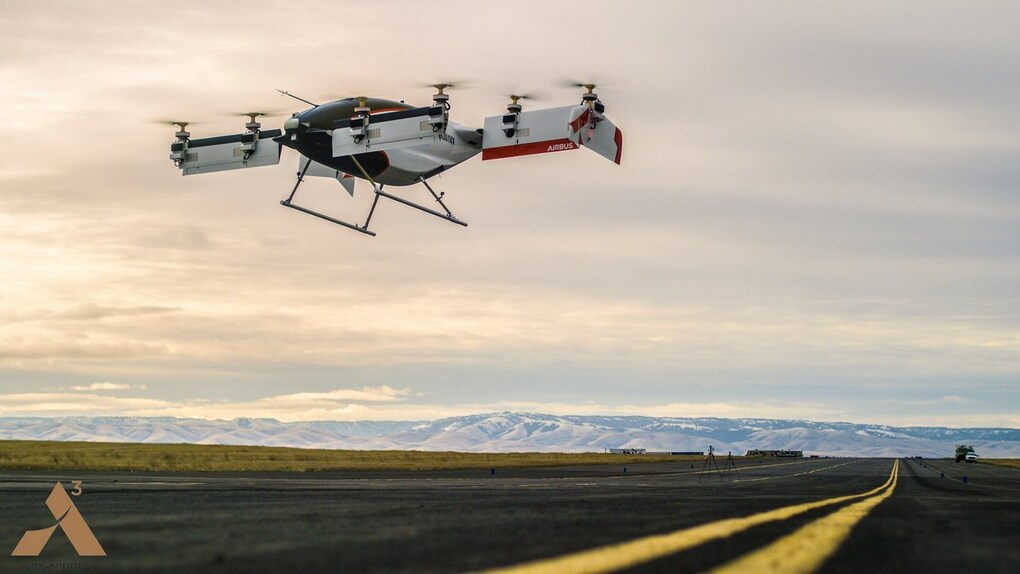 Vahana is an all electric, self-piloted, VTOL aircraft from A³ by Airbus which has successfully completed its first full-scale flight test, reaching a height of 5 meters (16 feet) before descending safely. Vahana. Image: Airbus