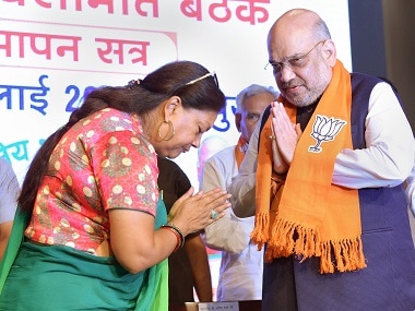 BJP president Amit Shah with Rajasthan chief minister Vasundhara Raje. PTI