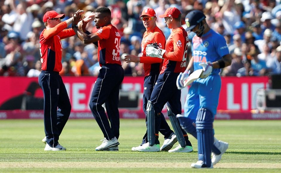 Indian captain Virat Kohli scored 43 off 29 balls before being dismissed by Chris Jordan. Kohli was followed by Hardik Pandya, who scored a career-best 33 from 14 balls to help take India to victory with an over to spare. Reuters Indian captain Virat Kohli scored 43 off 29 balls before being dismissed by Chris Jordan. Kohli was followed by Hardik Pandya, who scored a career-best 33 from 14 balls to help take India to victory with an over to spare. Reuters