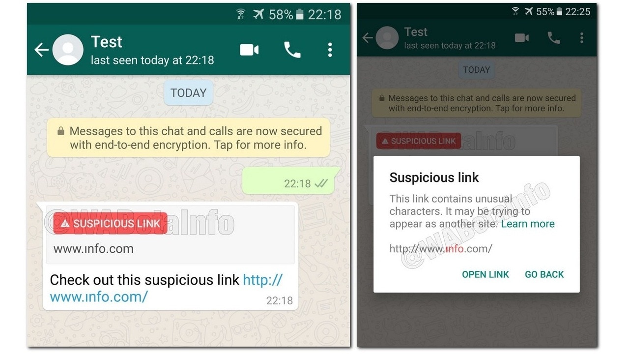   The suspicious link detection tool from WhatsApp is tested. Image: WABetaInfo 