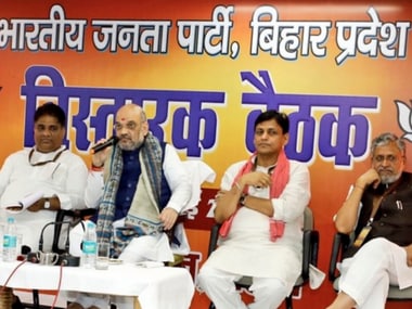 Amit Shah with party workers in Patna on Thursday. Twitter@AmitShah