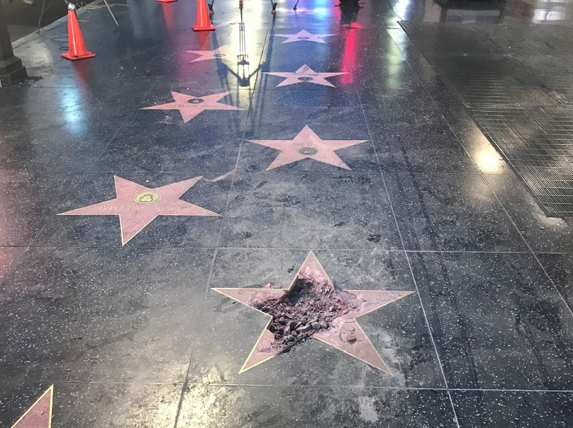 Donald Trump's Hollywood Walk of Fame star stands completely destroyed. Image via Twitter/@TheRyanParker