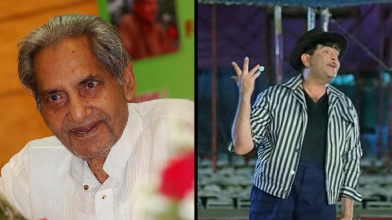 Gopal Das 'Neeraj' (left) and a still from Mera Naam Joker's Ai Bhai Zara Dekhke Chalo. Facebook/@RajendraKumarNishad.Official, YouTube screengrab