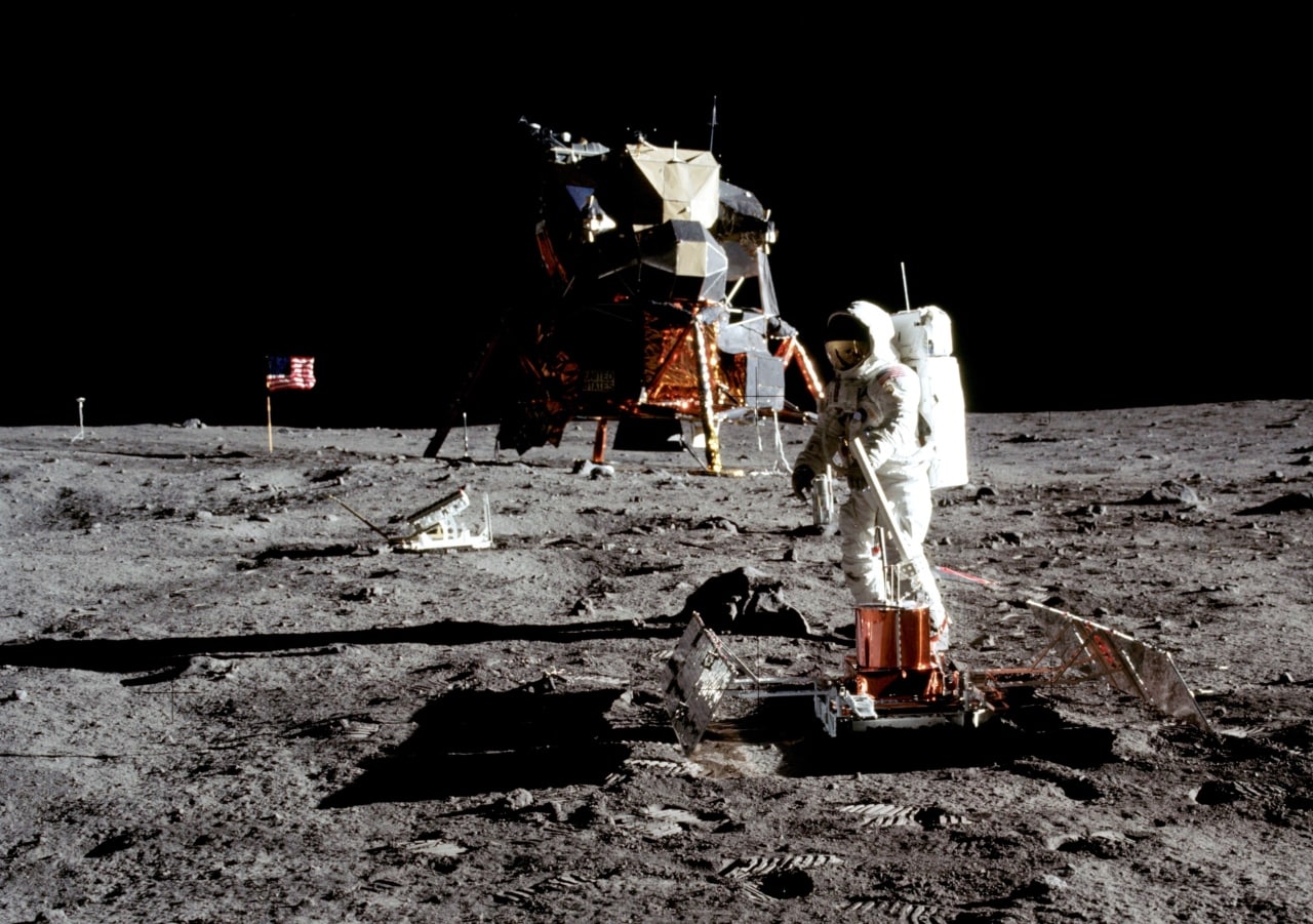 Apollo 11 astronaut Buzz Aldrin works at the deployed Passive Seismic Experiment Package on 20 July 20, 1969. Image courtesy: NASA
