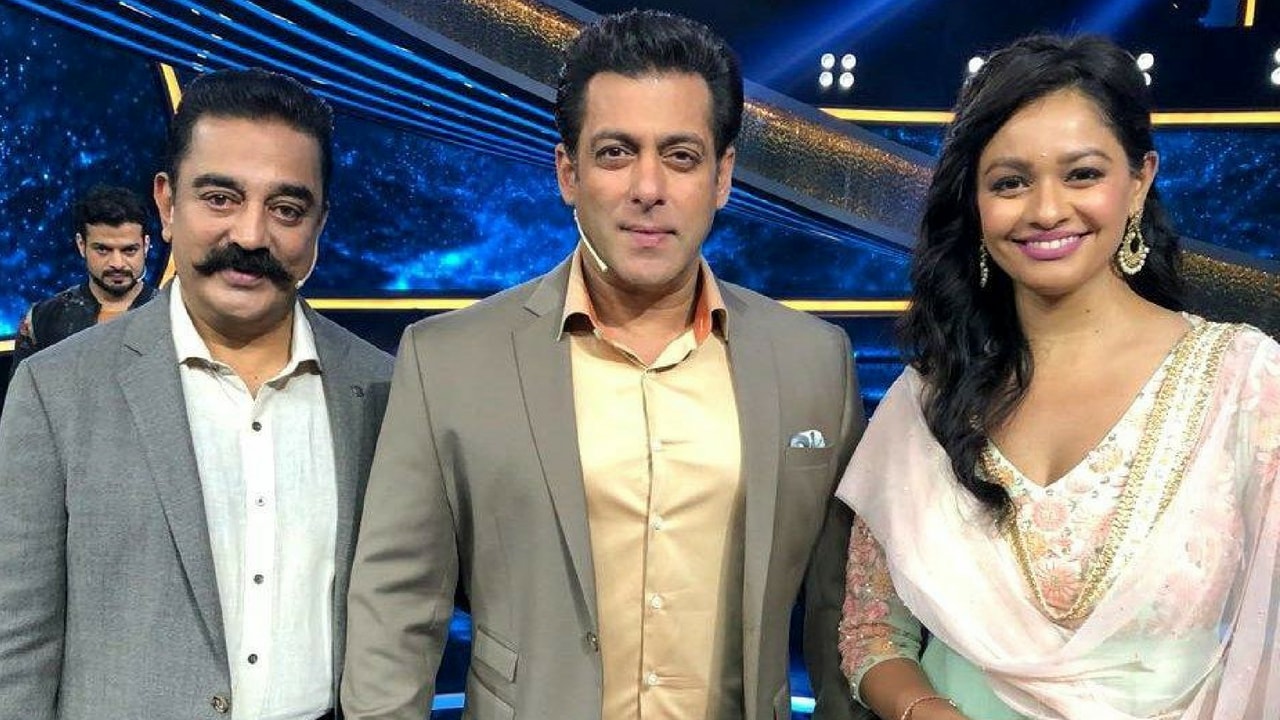 Kamal Haasan, Salman Khan and Pooja Kumar on the sets of Dus Ka Dum. Image from Twitter