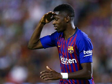Barcelona's French forward Ousmane Dembele celebrates after scoring a goal during the Spanish league football match between Real Valladolid and FC Barcelona at the Jose Zorrilla Stadium in Valladolid on August 25, 2018. / AFP PHOTO / Benjamin CREMEL