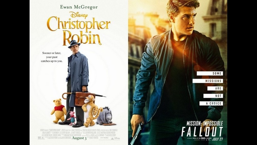 Movie posters of Christopher Robin and Mission: Impossible – Fallout. Images via Twitter @DisneyCRobin, @MissionFilm