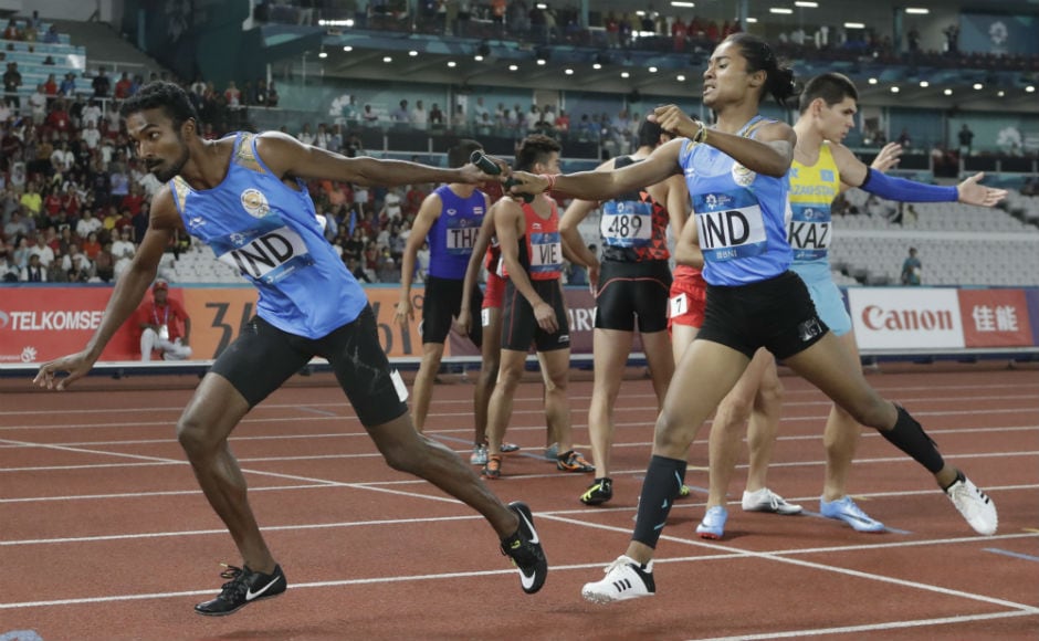 For the first time at the Asian Games. there was a mixed team 400m relay race event. India's Muhammed Anas, Hima Das, Arokia Rajiv and MR Poovamma came second and took home the silver. AP For the first time at the Asian Games. there was a mixed team 400m relay race event. India's Muhammed Anas, Hima Das, Arokia Rajiv and MR Poovamma came second and took home the silver. AP