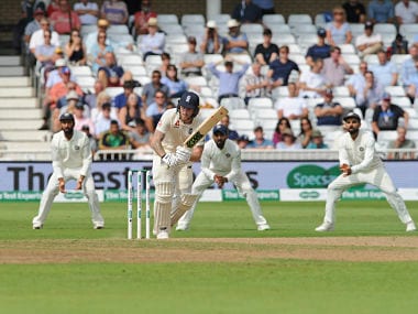 England's Ben Stokes follows the ball after playing a shot during the fourth day of the third cricket test match between England and India at Trent Bridge in Nottingham, England, Tuesday, Aug. 21, 2018. (AP Photo/Rui Vieira)