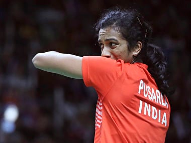 India's Sindhu Pusarla reacts during her women's single badminton match against Indonesia's Gregoria Tunjung during their women's single badminton match at 18th Asian Games in Jakarta, Indonesia, Saturday, Aug. 25, 2018. (AP Photo/Firdia Lisnawati)