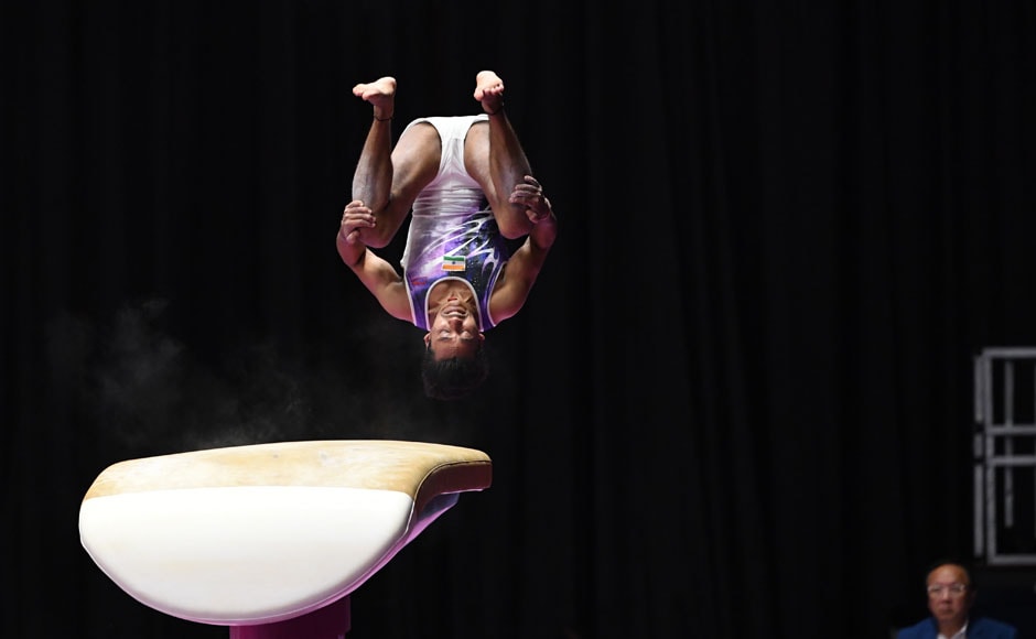 Indian gymnast Ashish Kumar competes on the vault in the artistic gymnastics event. AFP Indian gymnast Ashish Kumar competes on the vault in the artistic gymnastics event. AFP