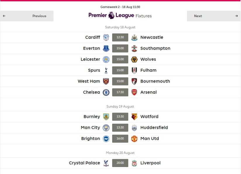 Gameweek 2 fixtures