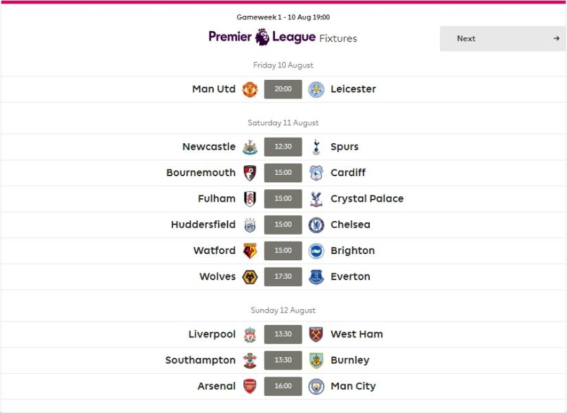 Gameweek 1 fixtures