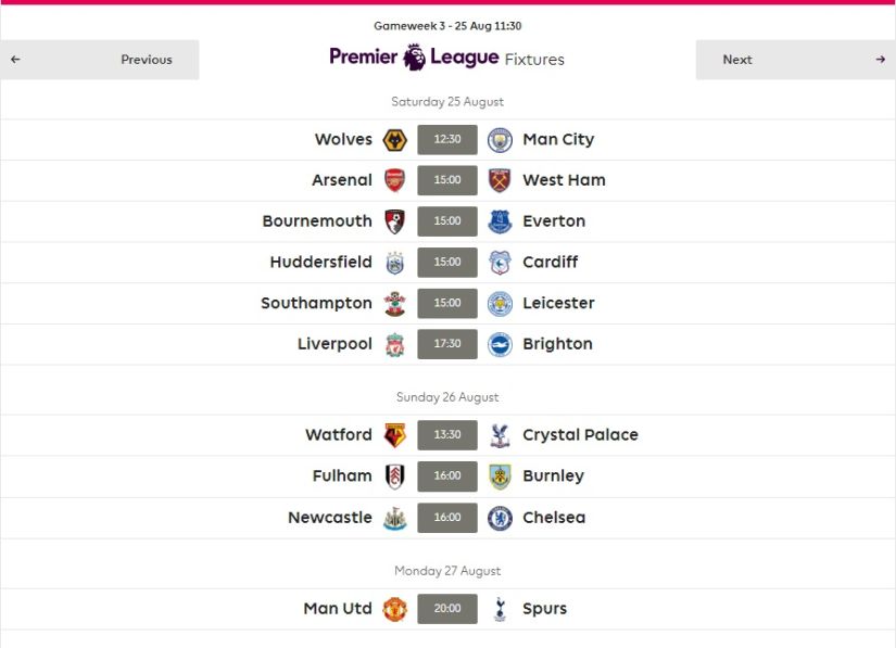 Gameweek 3 fixtures