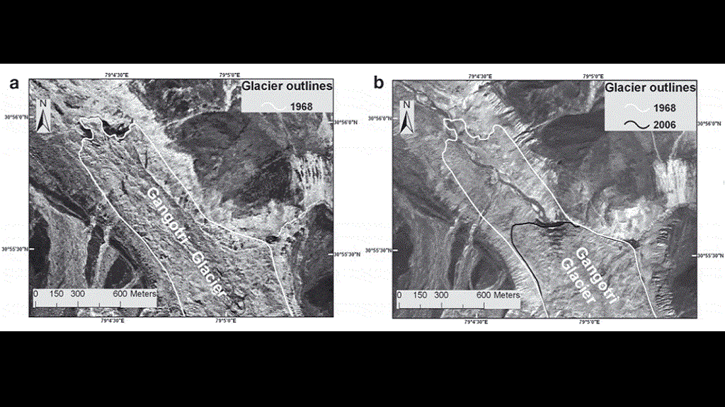 Frontal area images of the Gangotri glacier: (a) Corona image (27 September 1968) with same-year glacier outline, (b) Cartosat-1 image (11 October 2006) with glacier outline of 1968 and 2006. Image: Glacier changes in the Garhwal Himalaya, India, from 1968 to 2006 based on remote sensing. Image courtesy Journal of Glaciology