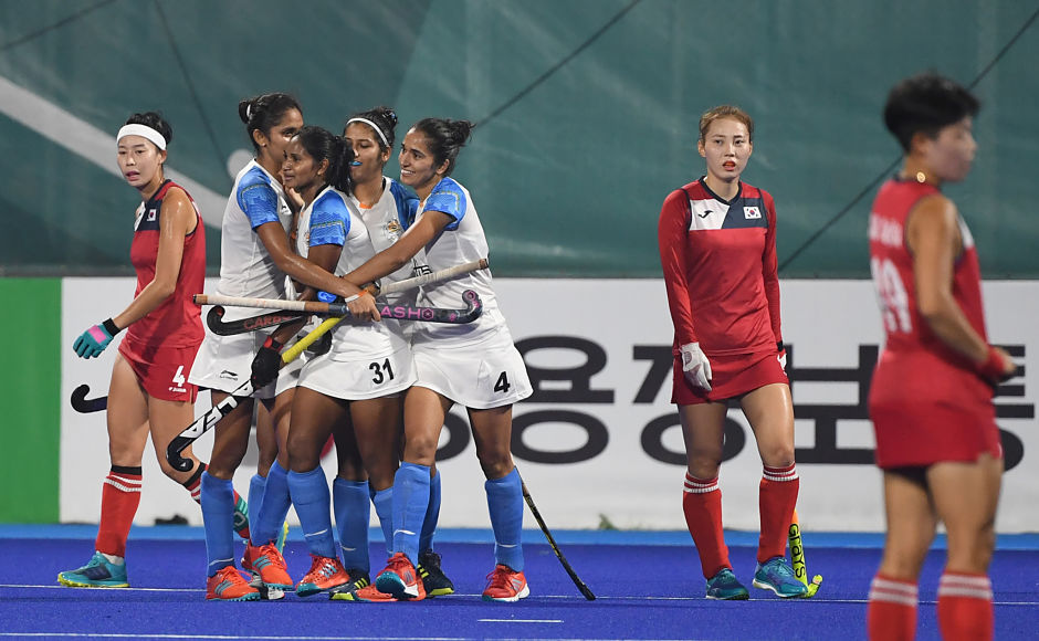 Indian women's hockey team beat title holders South Korea 4-1 to register its third consecutive win and also book a place in the semi-finals of the Asian Games. AFP