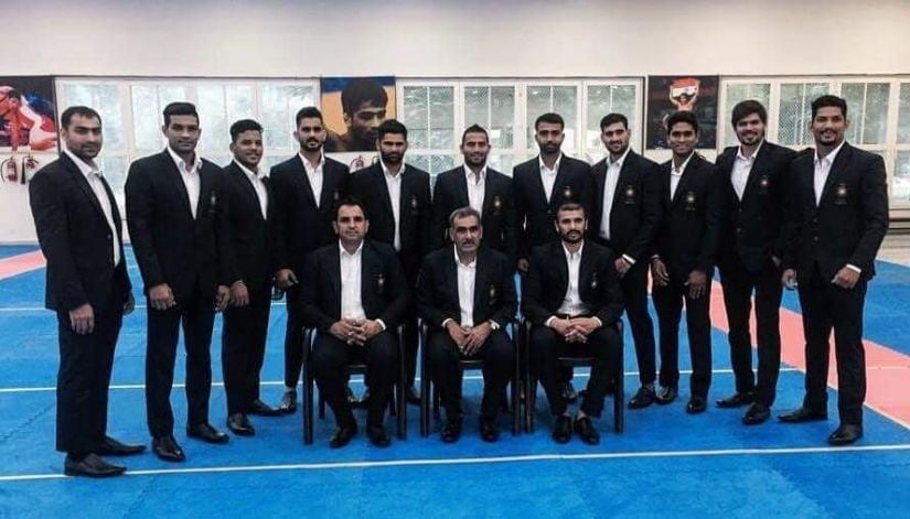 Members of the Indian men's kabaddi team pose for a photograph before leaving for Jakarta. Image Courtesy: AKFI