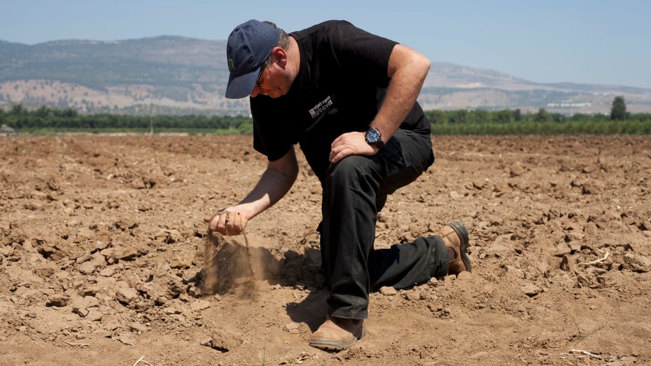 Israeli farmer Ofer Moskovitz checks soil in his field near Kfar Yuval, Israel. A five-year drought is challenging Israel’s strategy of addressing its water woes with desalination. AP