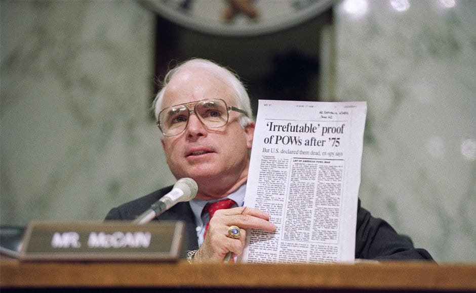 In the 1990s, McCain shouldered the long effort to account for American soldiers still missing from the Vietnam war and to normalise relations with Vietnam. In this 24 June, 1992 file photo, the Republican senator holds up an article from the Washington Times during a hearing of the Senate Select Committee on POW/MIA Affairs on Capitol Hill in Washington. AP In the 1990s, McCain shouldered the long effort to account for American soldiers still missing from the Vietnam war and to normalise relations with Vietnam. In this 24 June, 1992 file photo, the Republican senator holds up an article from the Washington Times during a hearing of the Senate Select Committee on POW/MIA Affairs on Capitol Hill in Washington. AP