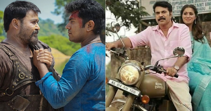 Mohan Lal and Nivin Pauly in Kayamkulam Kochunni; Mammootty in Oru Kuttanadan Blog. Images via Facebook