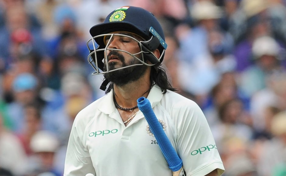 After England were bowled out for 180, India took to the field with a relatively easy target to chase. However, the hosts' bowling attack proved to be too much for the team, with openers Murali Vijay and Shikhar Dhawan falling for 6 and 13 respectively. AP After England were bowled out for 180, India took to the field with a relatively easy target to chase. However, the hosts' bowling attack proved to be too much for the team, with openers Murali Vijay and Shikhar Dhawan falling for 6 and 13 respectively. AP
