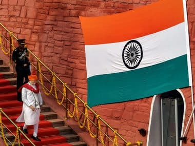 Prime Minister Narendra Modi walks down the stairs after addressing the nation from the ramparts of the historic Red Fort during Independence Day, in New Delhi on Wednesday. PTI