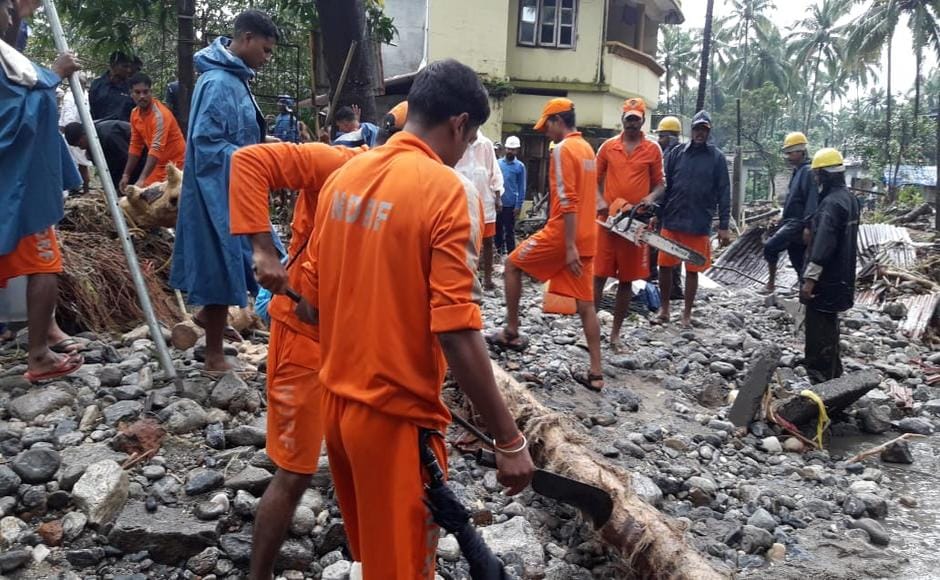 As rains caused flooding and landslides, rescue authorities such as the National Disaster Response Force (NDRF) arrived to provide aid in affected areas. Firstpost/Naveen Nair As rains caused flooding and landslides, rescue authorities such as the National Disaster Response Force (NDRF) arrived to provide aid in affected areas. Firstpost/Naveen Nair