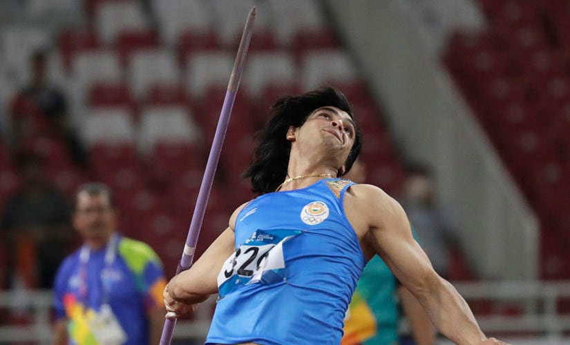 India's Neeraj Chopra throws in the men's javelin final during the athletics competition at the 18th Asian Games in Jakarta, Indonesia, Monday, Aug. 27, 2018. (AP Photo/Lee Jin-man)