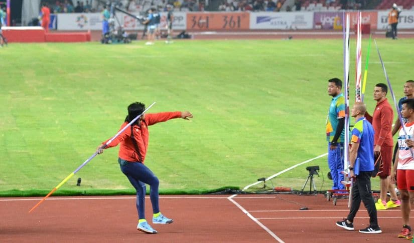 Neeraj's warm-up routine involved launching a couple of javelins with just 40 percent effort. Image courtesy: Twitter @g_rajaraman
