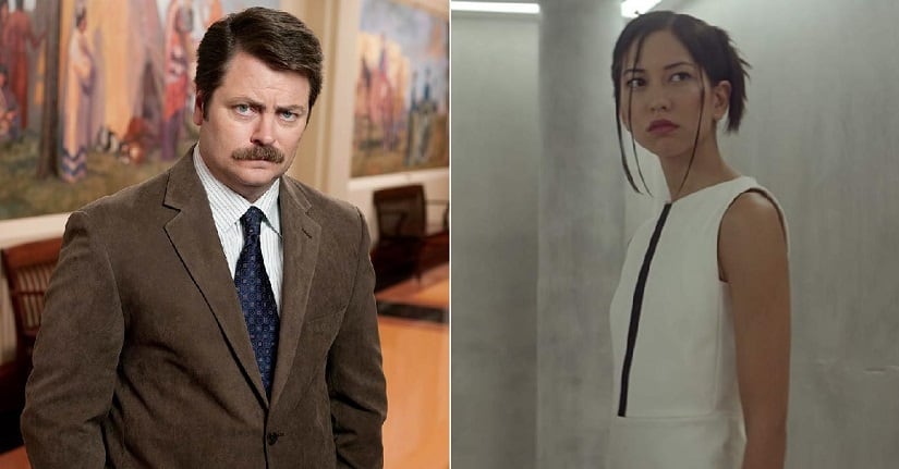 Nick Offerman in Parks and Recreation; Sonoya Mizuno in Ex-Machina. Images via Twitter