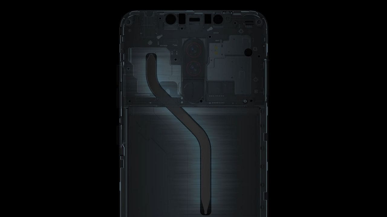The array of the copper liquid cooling pipe on the POCO F1. Image: Xiaomi