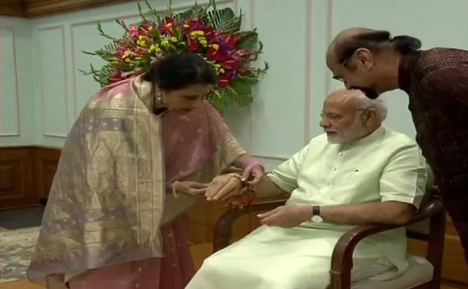Qamar Mohsin Shaikh, Modi's Rakhi sister celebrated the festival with him. She said that she has been tying him rakhi for past 24 years and there has been no difference in his behaviour ever since. Twitter @ANI Qamar Mohsin Shaikh, Modi's Rakhi sister celebrated the festival with him. She said that she has been tying him rakhi for past 24 years and there has been no difference in his behaviour ever since. Twitter @ANI