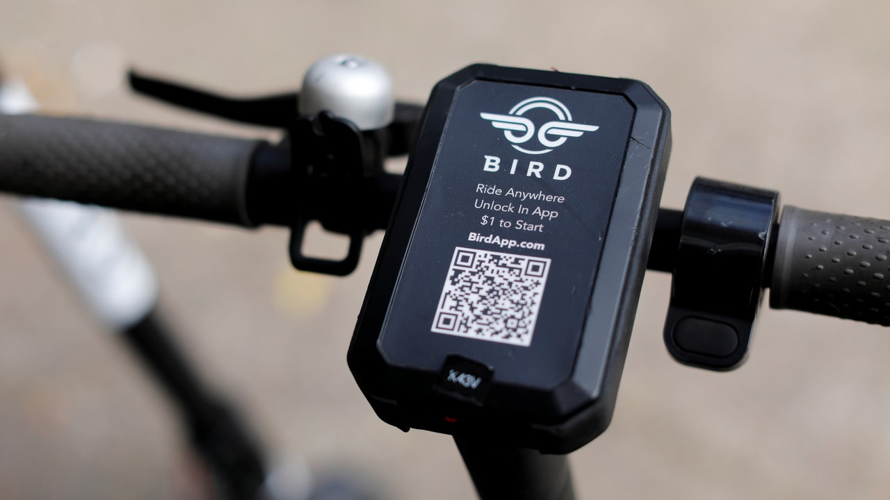 A smart phone app time-of-use electric scooter from Bird Rides Inc. Reuters