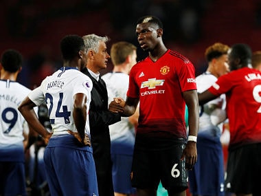 Soccer Football - Premier League - Manchester United v Tottenham Hotspur - Old Trafford, Manchester, Britain - August 27, 2018 Manchester United manager Jose Mourinho and Paul Pogba after the match Action Images via Reuters/Jason Cairnduff EDITORIAL USE ONLY. No use with unauthorized audio, video, data, fixture lists, club/league logos or "live" services. Online in-match use limited to 75 images, no video emulation. No use in betting, games or single club/league/player publications. Please contact your account representative for further details. - RC1741064870