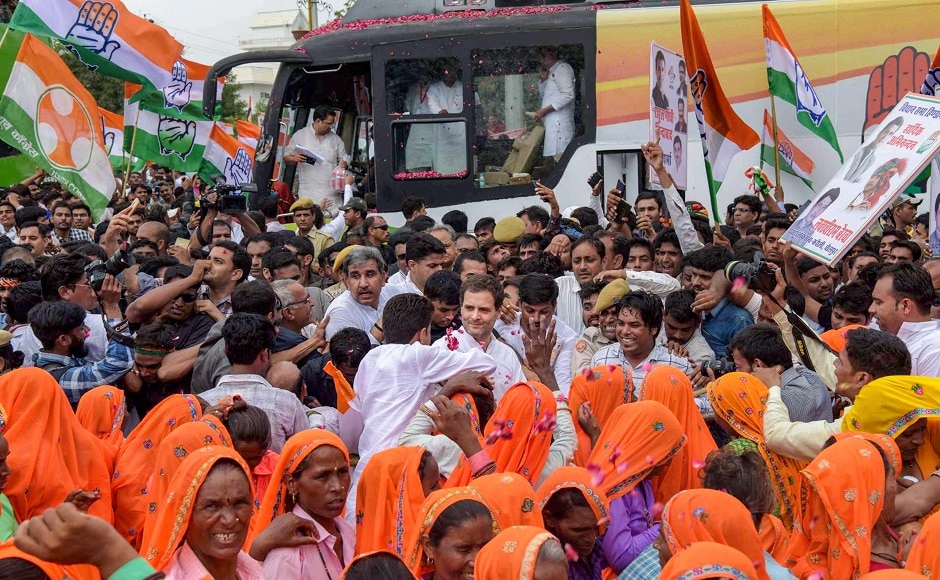 Congress president Rahul Gandhi on Saturday addressed party workers at Jaipur's Ramlila grounds, where he arrived in a special bus from the airport. Party workers welcomed him at several points along the 13 kilometre route. PTI Congress president Rahul Gandhi on Saturday addressed party workers at Jaipur's Ramlila grounds, where he arrived in a special bus from the airport. Party workers welcomed him at several points along the 13 kilometre route. PTI