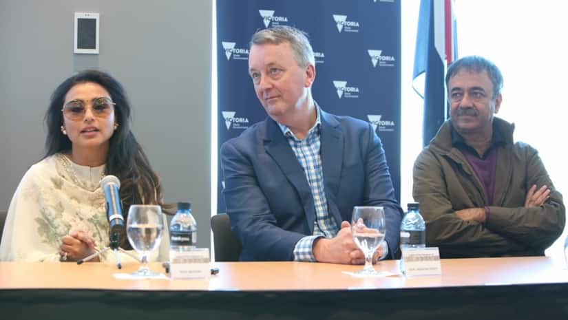 Rani Mukerji (L) Minister Martin Foley (C) and Rajkumar Hirani (R)