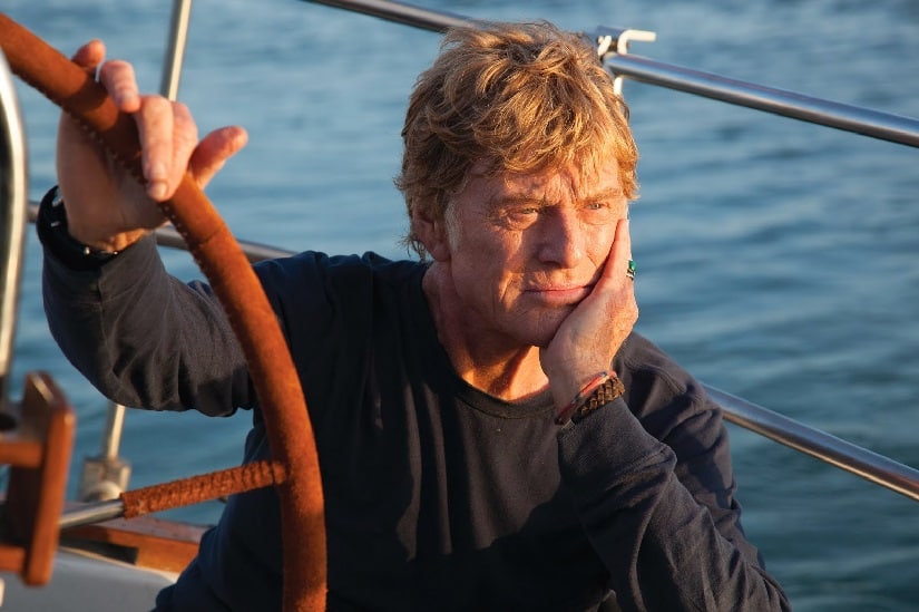 Redford is a lone sailor adrift on the Indian Ocean in All is Lost