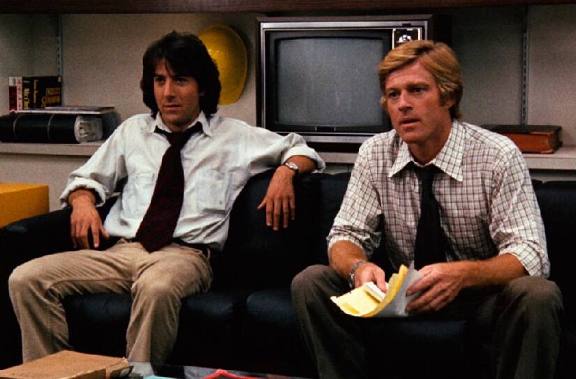 Redford as Bob Woodward (R) and Dustin Hoffman as Carl Bernstein in All the President’s Men