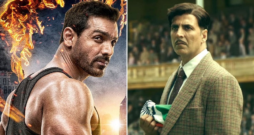 John Abraham in Satyameva Jayate (L); Akshay Kumar in Gold. Image via Twitter