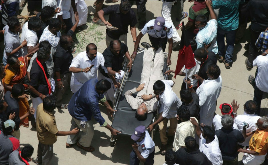 A stampede-like situation prevailed at the Rajaji Hall where Karunanidhi's mortal remains were earlier kept for public viewing as swelling crowds jostled and surged forward to have a last glimpse of him. Three people were killed in the incident. AP A stampede-like situation prevailed at the Rajaji Hall where Karunanidhi's mortal remains were earlier kept for public viewing as swelling crowds jostled and surged forward to have a last glimpse of him. Three people were killed in the incident. AP
