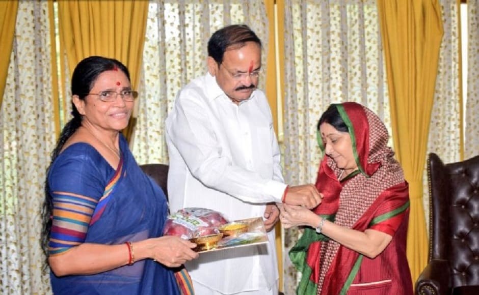 Union External Affairs Minister Sushma Swaraj also tied a rakhi to Vice President M Venkaiah Naidu on the occasion. Twitter @ANI Union External Affairs Minister Sushma Swaraj also tied a rakhi to Vice President M Venkaiah Naidu on the occasion. Twitter @ANI