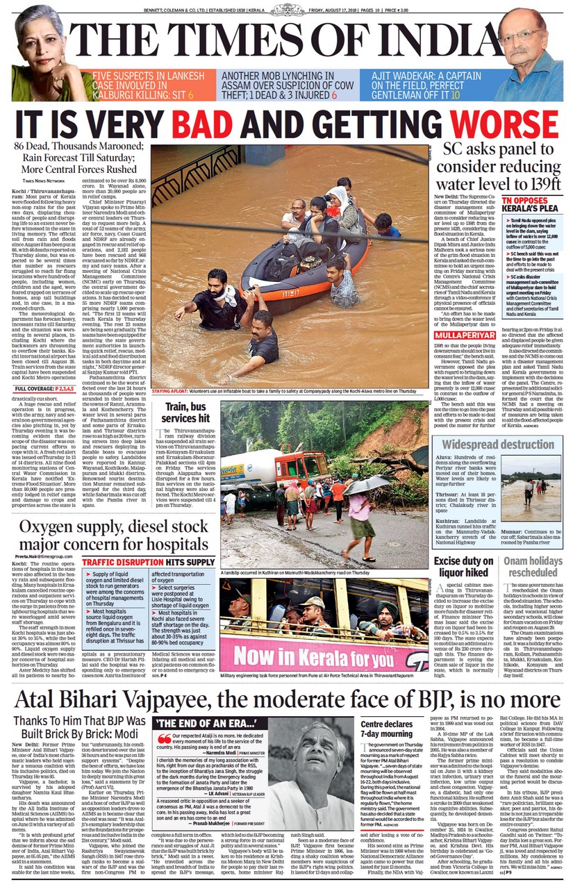 On day after Atal Bihari Vajpayee's demise, Kerala floods get sparse ...