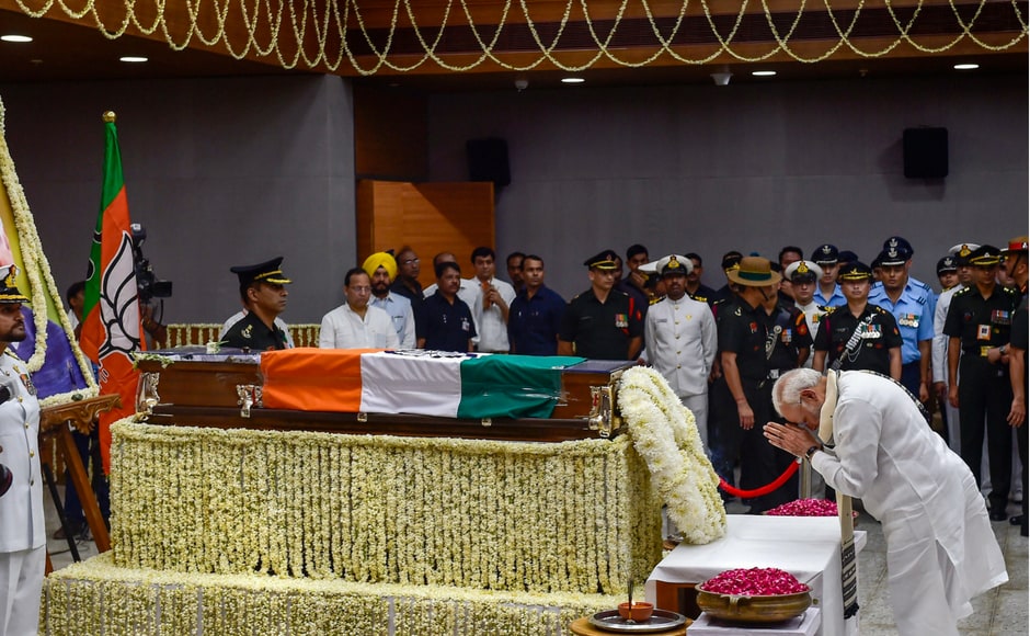 Prime Minister Narendra Modi paid his respects to Atal Bijari Vajpayee in the BJP headquarters in New Delhi. Modi said that he had lost a father figure after the demise of Vajpayee. PTI Prime Minister Narendra Modi paid his respects to Atal Bijari Vajpayee in the BJP headquarters in New Delhi. Modi said that he had lost a father figure after the demise of Vajpayee. PTI