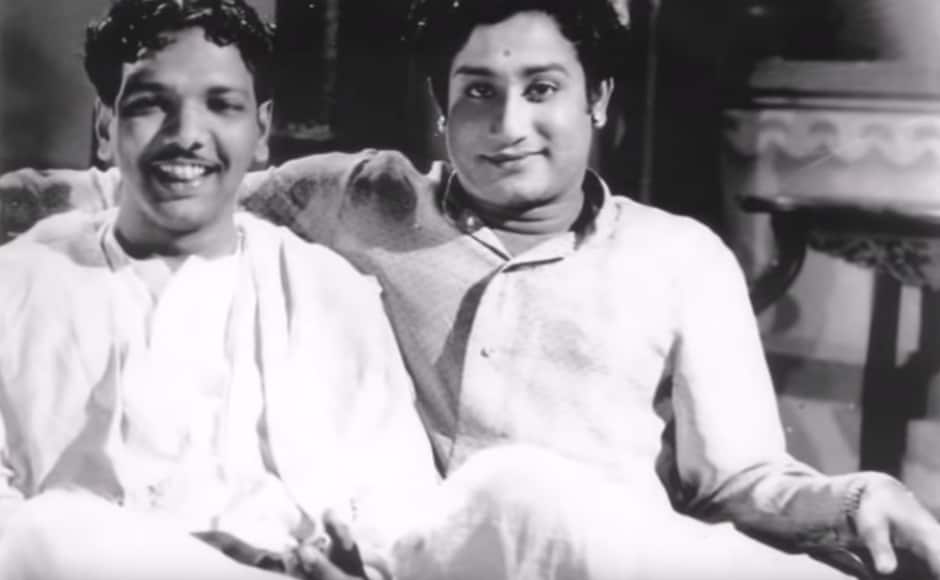 A scriptwriter par excellence, M Karunanidhi began penning scripts for plays as a 20-year-old, his works becoming a vehicle for propagating the principles of the Dravidian movement. His dialogues in Tamil movie Parasakthi (1952), which debutant 'Sivaji' Ganesan (right) delivered with panache, became a big hit and aided in catapulting his political career as well. Screengrab from Youtube A scriptwriter par excellence, M Karunanidhi began penning scripts for plays as a 20-year-old, his works becoming a vehicle for propagating the principles of the Dravidian movement. His dialogues in Tamil movie Parasakthi (1952), which debutant 'Sivaji' Ganesan (right) delivered with panache, became a big hit and aided in catapulting his political career as well. Screengrab from Youtube