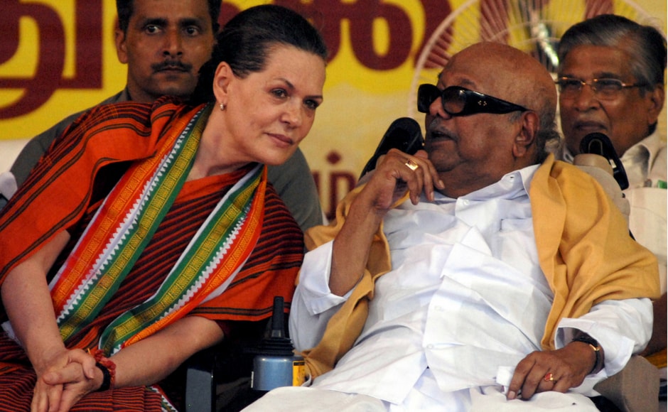 Karunanidhi with the then Congress party president Sonia Gandhi (L) during an election campaign rally in Chennai. Reuters Karunanidhi with the then Congress party president Sonia Gandhi (L) during an election campaign rally in Chennai. Reuters