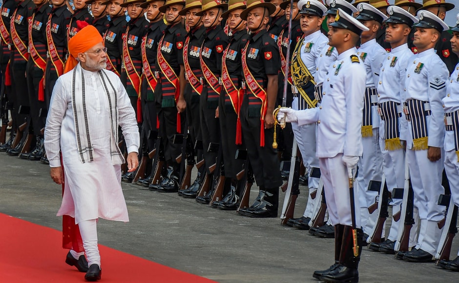 Prime Minister Narendra Modi inspecting the guard of honour during 72nd Independence Day function at the historic Red Fort. PTI Prime Minister Narendra Modi inspecting the guard of honour during 72nd Independence Day function at the historic Red Fort. PTI