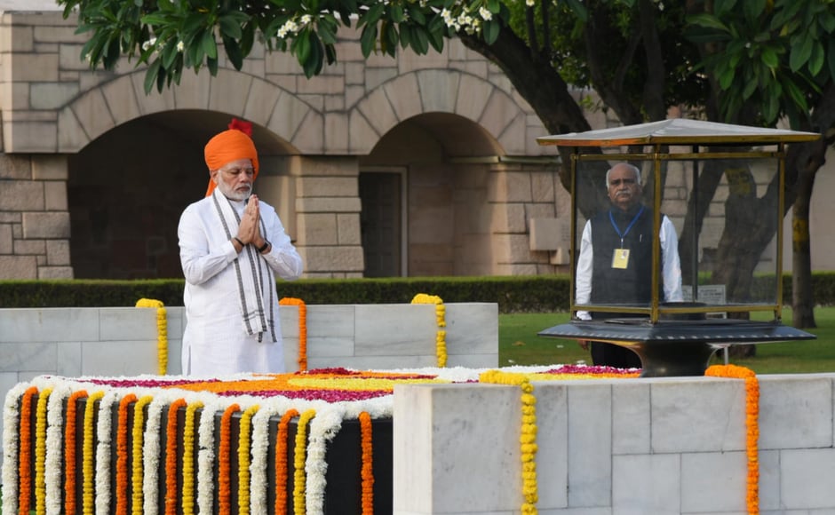 Before arriving at the historic Red Fort, Modi paid tributes to Mahatma Gandhi at Rajghat. Twitter@narendramodi Before arriving at the historic Red Fort, Modi paid tributes to Mahatma Gandhi at Rajghat. Twitter@narendramodi