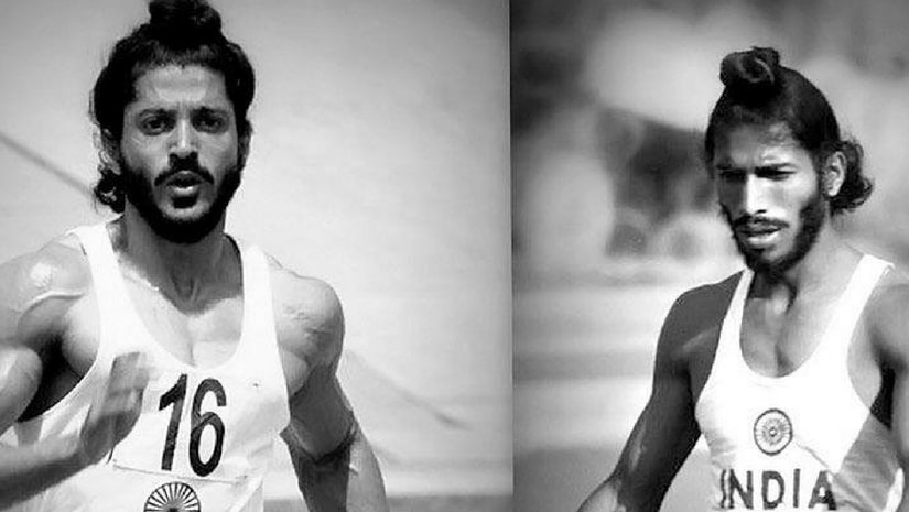 Farhan Akhtar as Milkha Singh in the film (left); The athlete, Milkha Singh (right)